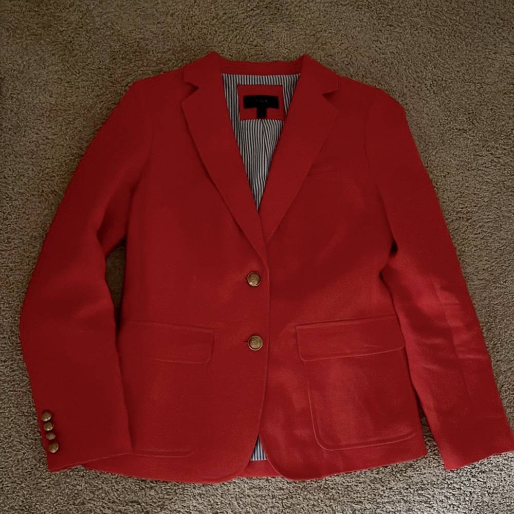 J. Crew linen blazer in red/coral with brass buttons. Size 8